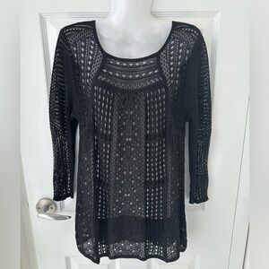 BCBGMaxAzria Black Open Knit Crochet 90s Style Long Sleeve Sweater Top Medium